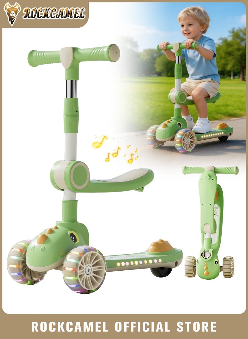ROCKCAMEL 2 in 1 Kids Kick Scooter, Foldable Scooter with Music, LED Lighted Wheels and 4-Level Adjustable Height Handlebars, Widen Anti-Slip Deck, Sensitive Brakes, Kids Toys for Boys & Girls Ages 1-12, Green - Image 1